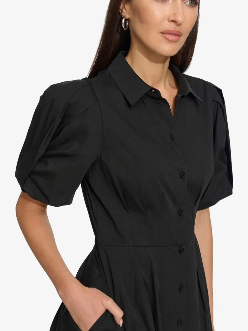 Dkny Black Puff-Sleeve Button Front Mini Dress